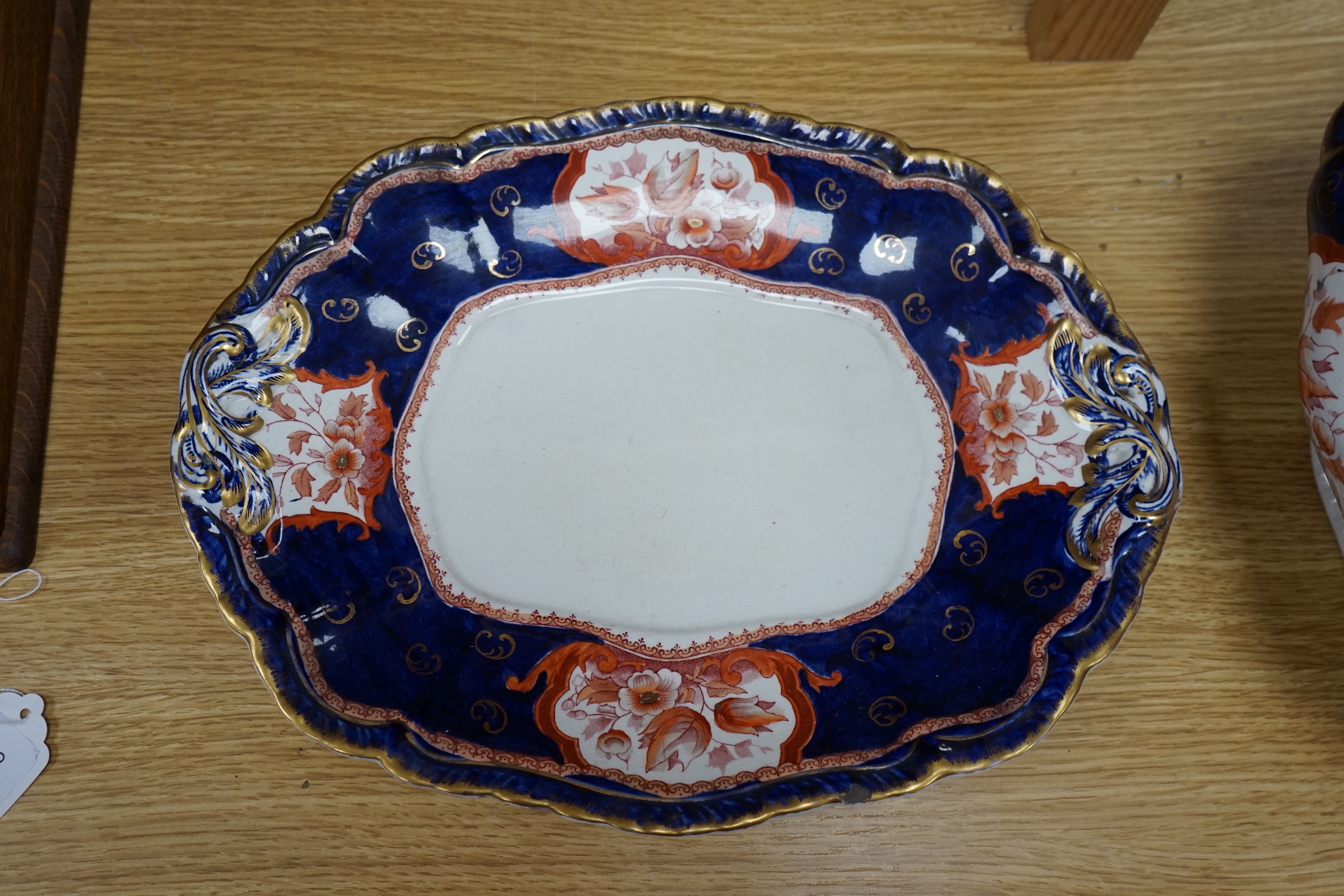 A Victorian Booths pottery iron red, blue and gilt soup tureen, cover, stand and ladle. Condition - good